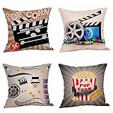Steven.Smith Movie Theater Cinema Personalized Cotton Linen Square Burlap Decorative Throw Pillow Case Cushion Cover 18 Inch (4 Pack Cinema Popcorn)