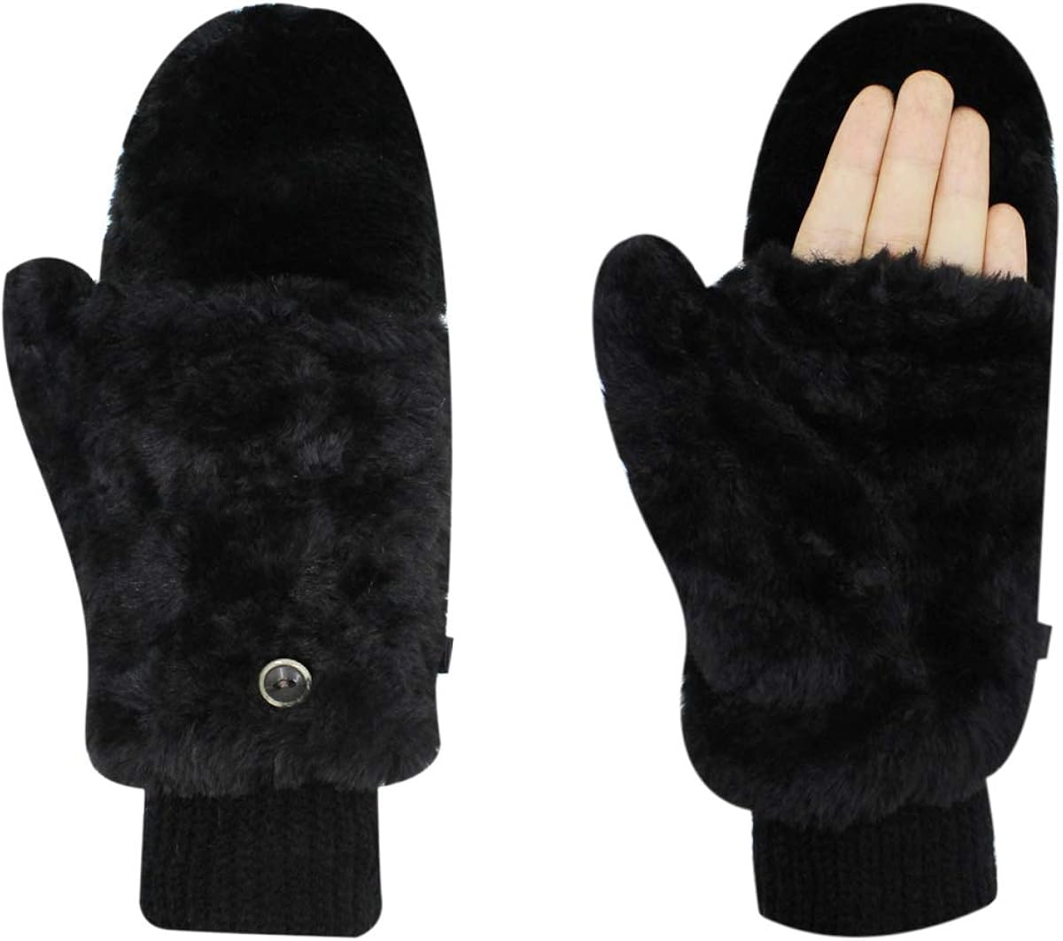 RARITYUS Women Fur Flip Cover Mittens Warm Soft Half Fingerless Winter Gloves for Teen Girls Outdoor Sports at  Women’s Clothing store