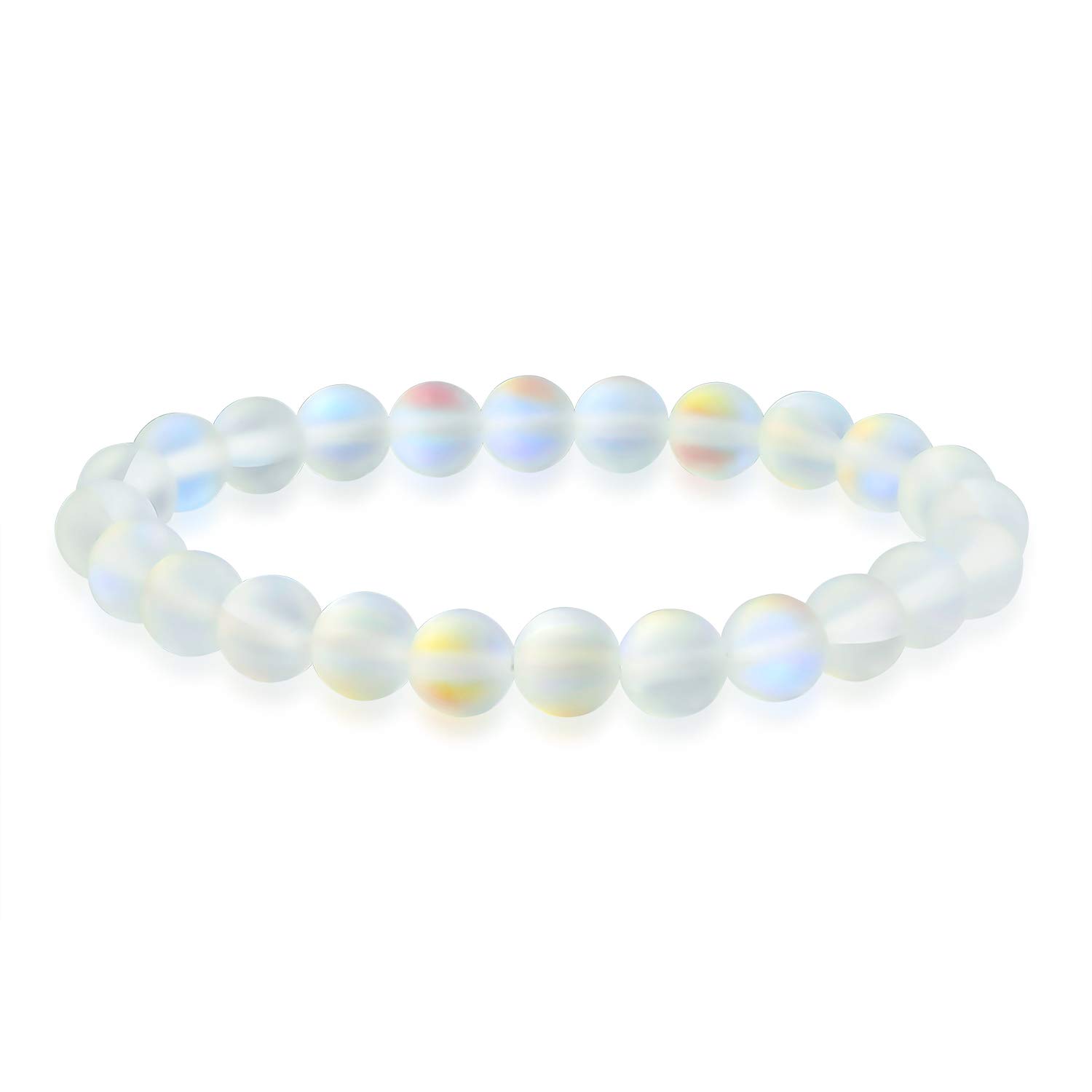 Bling Jewelry Rainbow Iridescent Created White Moonstone Round Bead 8MM Stacking Strand Stretch Bracelet For Women Men Teen Unisex