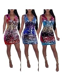 Mini vestidos de mujer Sprifloral Sexy lentejuelas con cuello en V profundo Bodycon Party Club Dress Clubwear