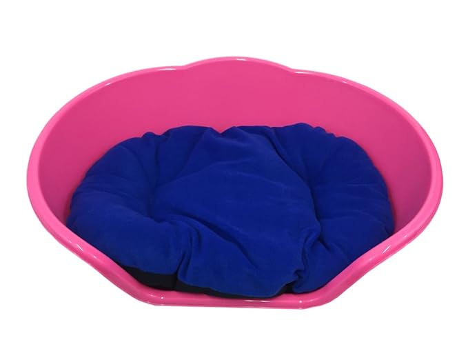 EXTRA LARGE PINK PLASTIC DOG BED WITH BLUE CUSHION / HEAVY DUTY PET BED DOG/CAT/ANIMAL/SLEEP