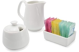 Darware Sugar and Creamer Set; 3-Piece Set w/Cream Pitcher, Sugar Bowl, Sweetener Packet Holder, White Ceramic Tea/Coffee Set
