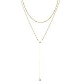 Foxgirl Lariat Gold Necklace for Women, Dainty Long Necklace 14k Gold Plated/Silver Y-Shaped Pendant Necklace Trendy Layered Cz Beaded Chain Drop Necklaces Simple Gold Jewelry For Women Gift