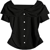 OYOANGLE Women's Plus Size Pearl Button Short Sleeve Tee Shirt Ruched Ribbed Knit Tops