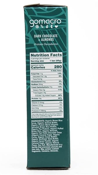 GOMACRO – ORGANIC MACROBAR PROTEIN DECADENCE DARK CHOCOLATE + ALMONDS – 4 BARS