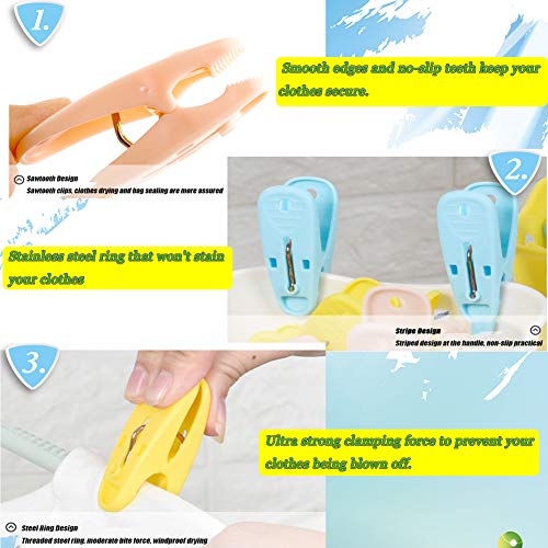24 Pack Clothespins in Basket Mini Colored Utility Clips Holders Laundry Windproof Plastic Pegs for Outdoor Clothesline, Kitchen Bag Sealing - Thumbnail 4