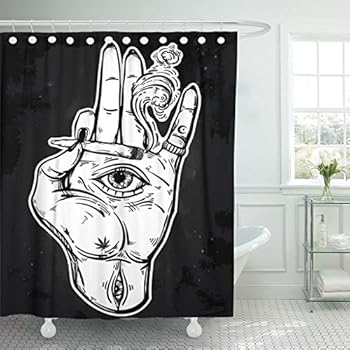 TOMPOP Shower Curtain Human Hand Holding Weed Joint Spliff Cigarette All Seeing Waterproof Polyester Fabric 72 x 72 Inches Set with Hooks