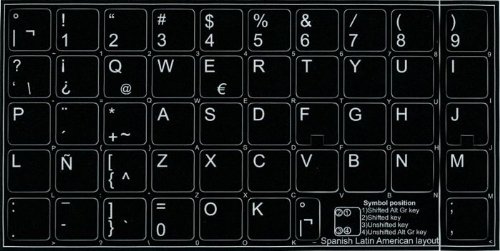 SPANISH LATIN AMERICAN NON-TRANSPARENT KEYBOARD LABELS LAYOUT BLACK OR WHITE BACKGROUND (14x14) FOR DESKTOP, LAPTOP AND NOTEBOOK (Black Background)