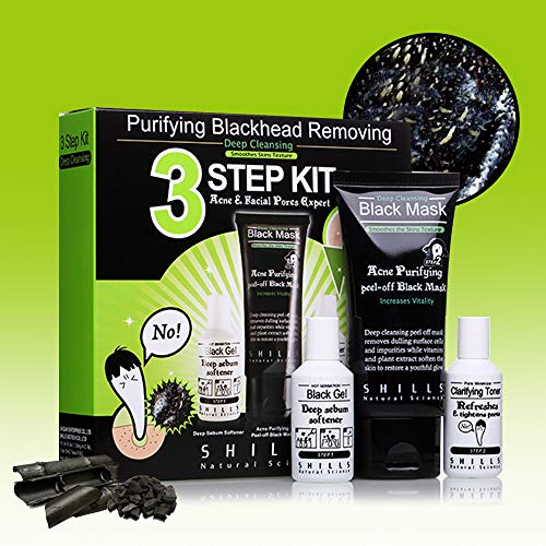SHILLS Blackhead Remover 3 Step Kit, Black Mask Peel Off, Purifying Charcoal Sebum Softener, Pore Minimizing Toner, Peel Strip Mask, Acne Black Mud Facial Masks (Kit)