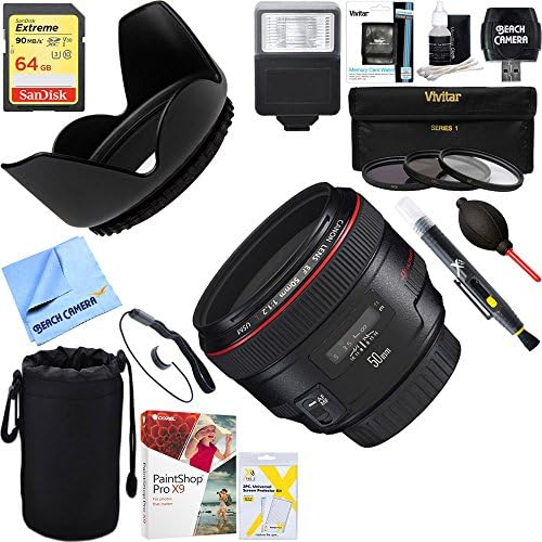 Canon 1257B002 EF 50mm f/1.2L USM Lens with Case and Hood + 64GB Ultimate Filter & Flash Photography Bundle