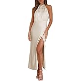 BEOVR 2026 Summer Satin Halter Neck Backless Slit Midi Dresses Elegant Cowl Back Ruched Wedding Guest Maxi Dress for Women