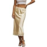Morlaeley Women Satin Lace Maxi Skirt Lace Trim Silk Half Slip Long Skirts Elastic Waist A Line Asymmetrical Underskirt