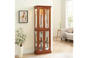 ANVEFFEG 70" Lighted Curio Cabinet with Tempered Glass Doors - Walnut Wooden Display Cabinet for Collectibles, China & Antiques, Adjustable Glass Shelves, Lockable, Mirror Back (E26 Bulb Not Included)