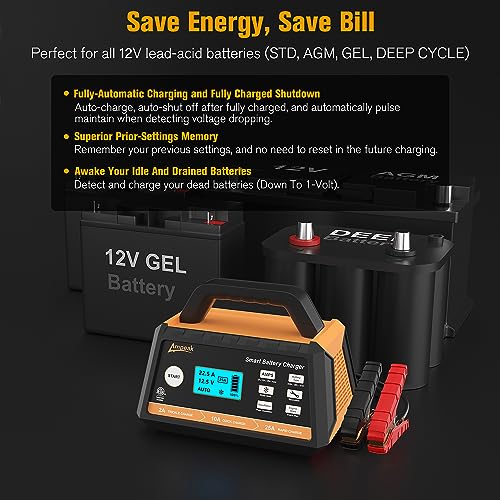Ampeak Car Battery Charger,2A/10A/25A Battery Charger,Fully Automatic