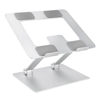 Amazon Basics Sturdy and Portable Ergonomic Laptop Stand for Desk, Height Adjustable Riser with Ventilated Cooling, Foldable, Fits all Laptops up to 17.3 Inch, Silver, 10 x 8.7 x 6 in