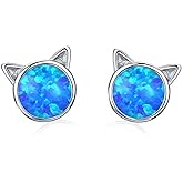 CiNily Opal Stud Earrings,White Gold/Rose Gold Plated Cat Ear/Moon and Star/Dog Bone/Rainbow/Butterfly Small Cute Earrings for Women Girls Hypoallergenic Jewelry Gifts for Sensitive Ears