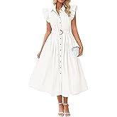 ZESICA Womens Summer Button Midi Dresses 2026 Flutter Short Sleeve Belted Business Casual Work Long Dresses with Pockets