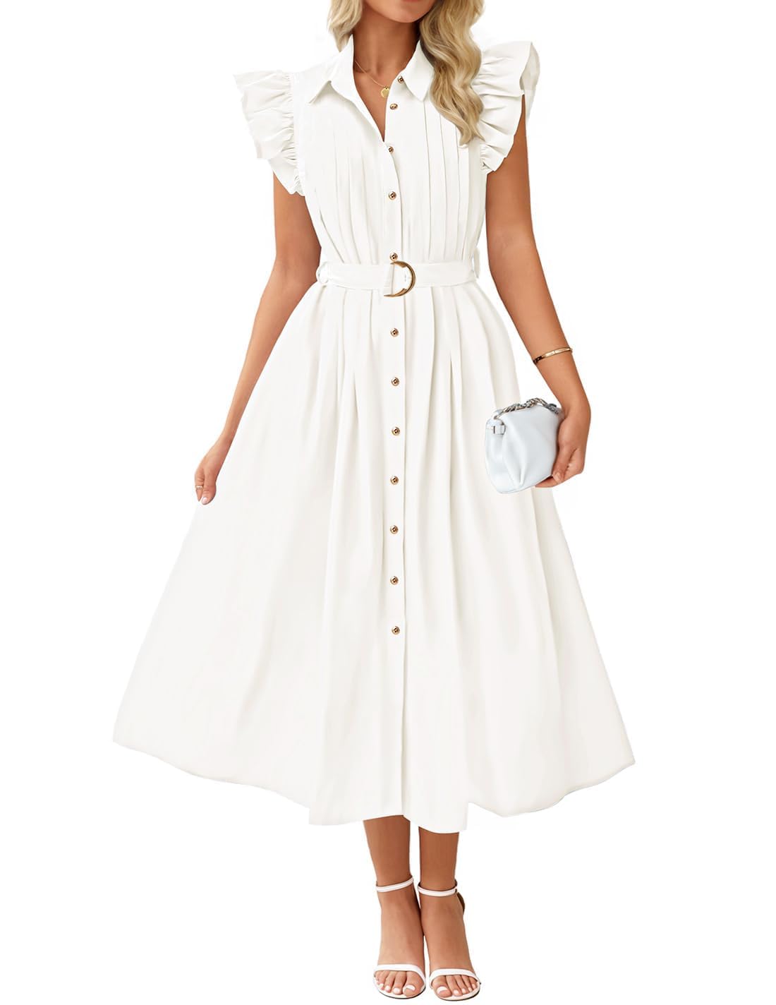 Photo 1 of ZESICA Women's 2025 Summer Boho Button Midi Dresses Casual V Neck Flutter Sleeve Belted Long Dresses with Pockets,White,Small