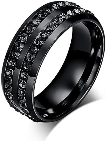Massion-A Unisex Anniversary Boys Black Stainless Steel Unique Double Inlay Diamond Rings Size 10