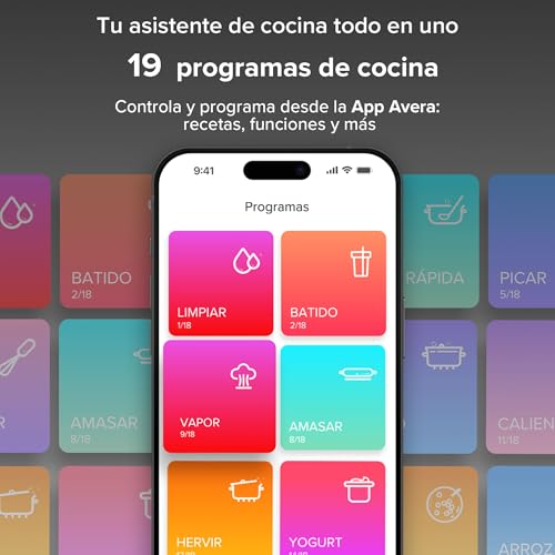 AVERA Chef Robot de Cocina Inteligente Capacidad 4.7 L, Control WIFI y pantalla táctil con 1850 recetas digitales,19 programas, 30 Funciones como: vaporera, batir, amasar, picar, pesar | RC01