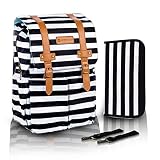 SavvyMami Striped Bag Backpack for Mom - Large Black and White Striped Baby Diaper Bag Backpack For Mom - Travel Diaper Bag with Changing Pad and Wipes Case and Stroller Straps for Women Baby Bag