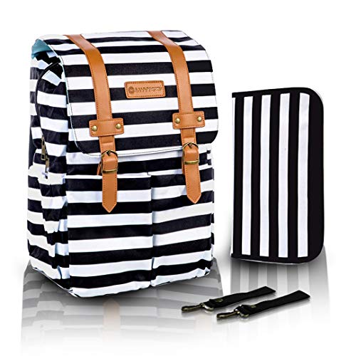 SavvyMami Striped Bag Backpack for Mom - Large Black and White Striped Baby Diaper Bag Backpack For Mom - Travel Diaper Bag with Changing Pad and Wipes Case and Stroller Straps for Women Baby Bag