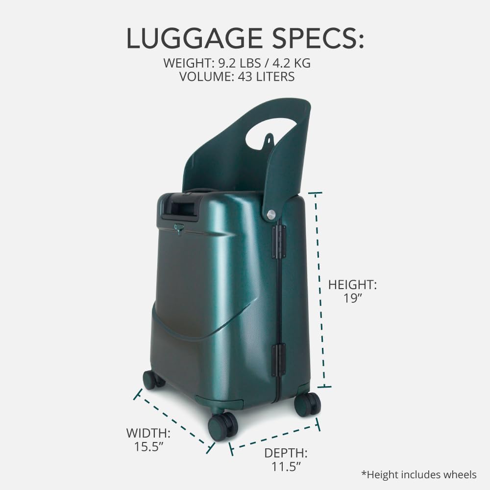 MiaMily 4-Wheel Carry On Luggage with Seat for Kids with Seat Belt, Waterproof Pocket, Adjustable Handle, and Hard Body with 43 Liter Capacity, Forest Green