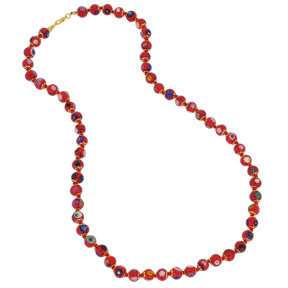Glass Of Venice Murano Glass Necklace Longer Length 24-Inch Plus Extender - Italian Red Mosaic Lampwork Beads - Handmade Blown Glass Necklace for Women