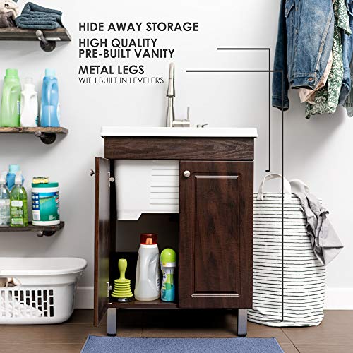 Utility Sink Laundry Tub With Cabinet In Brown, High Arc Stainless Steel Faucet, Storage Vanity With Slow Closing Doors, Large Washtub for Cleaning and Washing, Sinks for Garage, Basement, Work Room