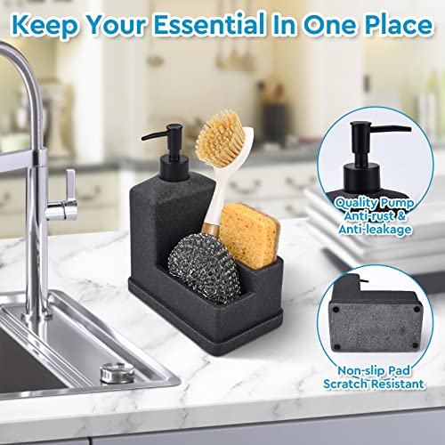 Soap Dispenser with Sponge Holder, Liquid Soap Dispenser for Hands and Dishes and Sponge Organizer with Brush Holder, 3 in 1 Countertop Organizer for Kitchen Sink