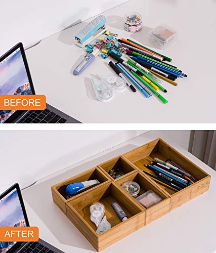 5 Piece Bamboo Drawer Organizer Set, Luxury Wooden Desk Storage Box Kit, Multi-use Junk Drawer Organizer for Office, Kitchen, Bedroom, Children Room, Craft, Sewing - Thumbnail 5