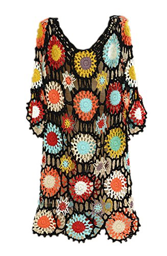tinacrochetstudioBohemian Crochet Flower Short Dress with Sleeves Bright Multicolored (M)