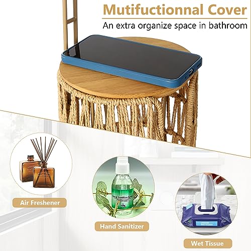 Freestanding Toilet Paper Dispenser Storage with Shelf, Standing Bathroom Toilet Paper Dispenser, Boho Rattan Toilet Paper Storage for 4 Rolls of Toilet Paper