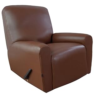 Easy-Going PU Leather Recliner slipcovers, Waterproof Stretch Recliner Covers, 4 Pieces Stretch Furniture Protector, Anti-Slip Elastic Strap Shield(Recliner, Coffee)
