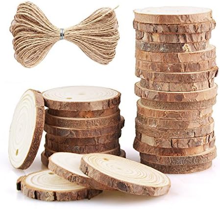 30Pcs 1.9"-2.4" Unfinished Predrilled Wood Slices with Holes Round Log Discs and 40 Feet Natrual Jute Twine for Christmas Ornaments and Home Hanging Decorations DIY Crafts Centerpiece