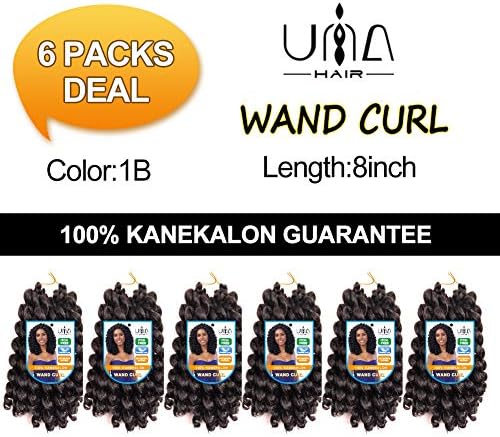 Una Hair 6 Pieces Wand Curl Crochet Hair Synthetic Crochet Braids 8 Inch Jamaican Bounce Twist African Braiding Hair For Black Women (8" 6PCS, 1B#)
