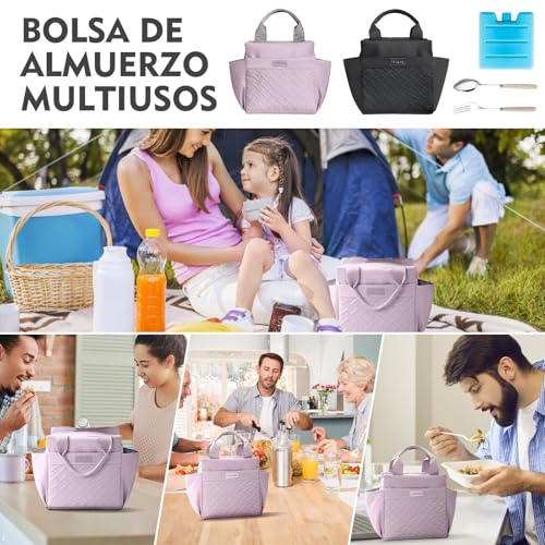 ZZBIFRJ Loncheras Termica para Mujer, Bolsa de Almuerzo de Gran Capacidad con Cristales Hielo y Cubiertos, Aislamiento Portátil Ideal para Trabajo, Playa, Camping