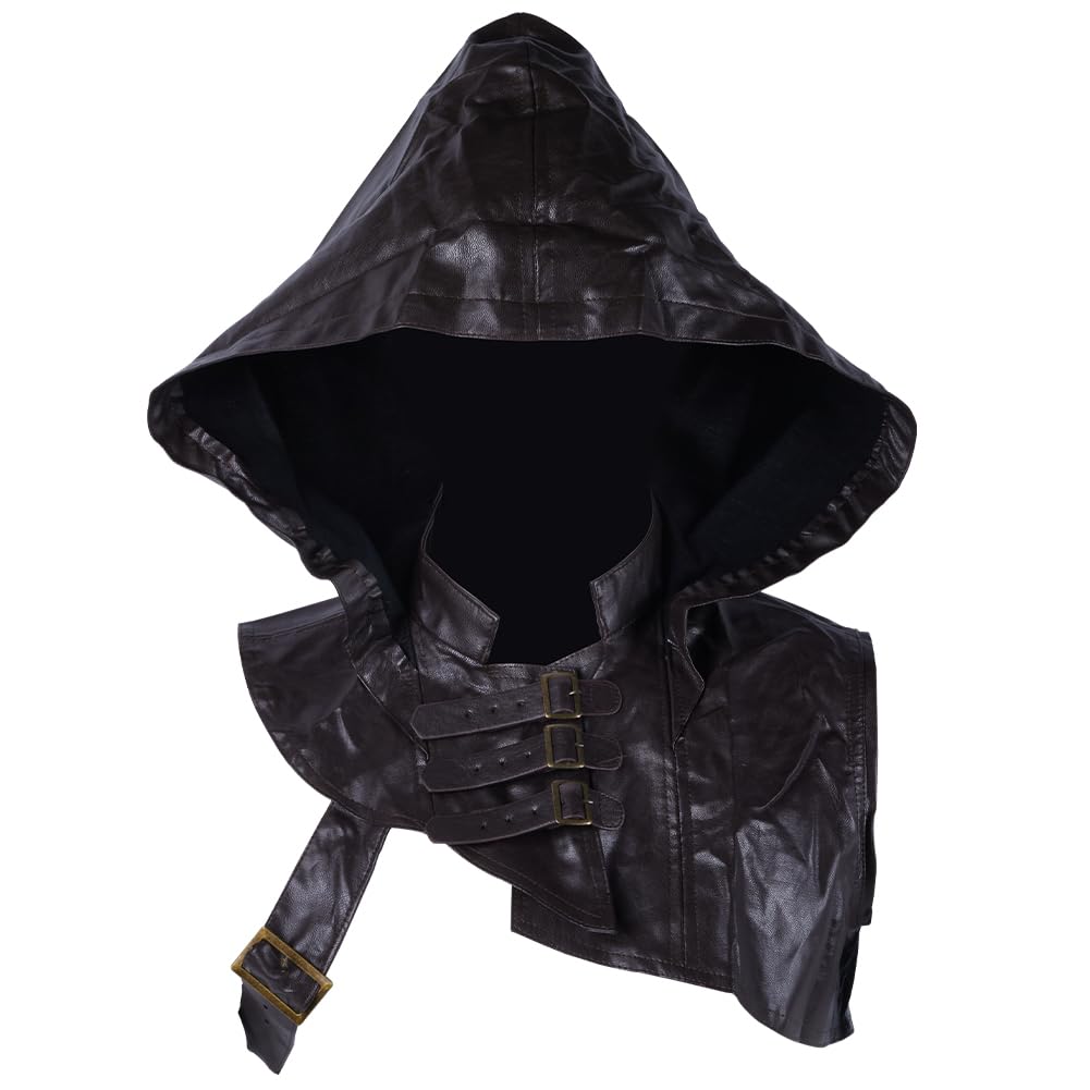 GORGECRAFT Leather Cowl Hood Medieval Short Hooded Cloak Cape Vintage Unisex Adjustable Buckle Straps Shoulder Guards Hat Gothic Cape Shawl for Halloween Christmas Cosplay Costume, Coconut Brown