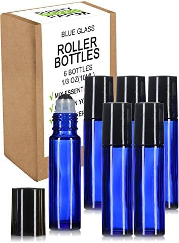 Roller Bottles for Essential Oils with Recipe eBook Blue Glass Roller Bottles, Useful for Aromatherapy, Mix with Fractionated Cocounut Jojoba Almond, Solid Blue Glass, 6 Bottle Set,10ml (Cobalt Blue)