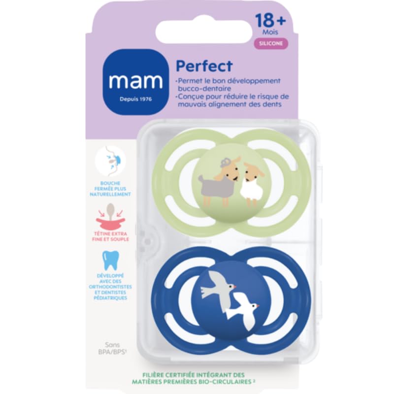 MAM - Perfect Pacifier 18+ Months Animals (2 pieces) Random Colour - Extra Thin and Soft Silicone Baby Pacifier - Ideal for Good Oral Development