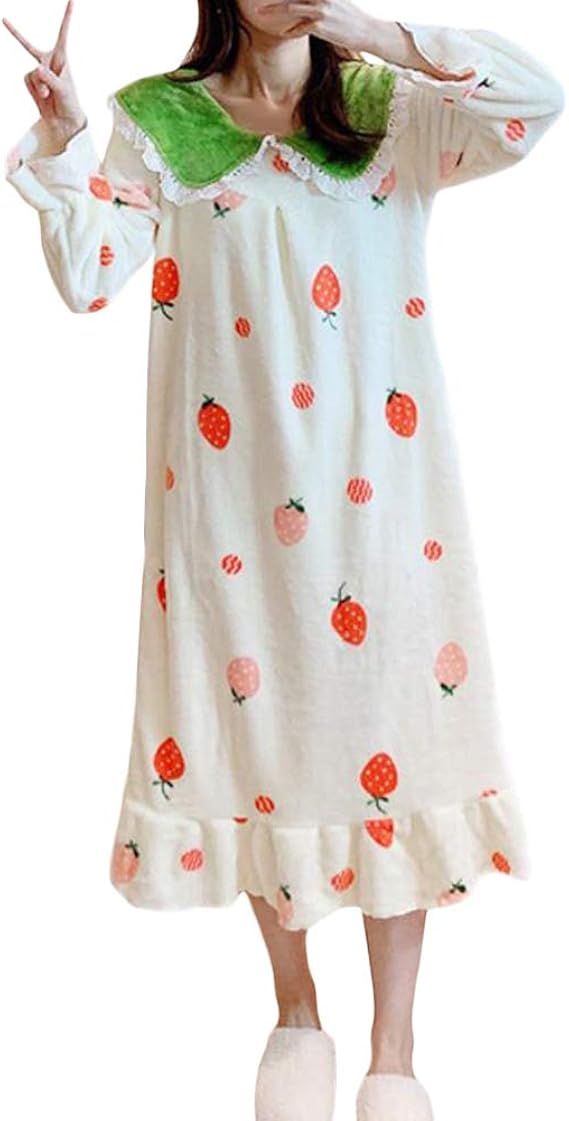 Amazon Guoyupika パジャマ レディース ルームウェア ルームワンピース フランネル 秋冬 姫系 暖かい ふわふわ 部屋着 寝間着 柔らか レース付き 長袖 セクシー 可愛い 少女 ルームワンピース ネグリジェ 通販