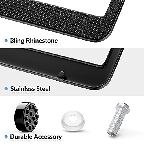 Car License Plate Frames for Women&Men, 2Pack Black Bling Rhinestone Car License Plate Cover, Sparkly Diamond Handcrafted Car Plate Holders, Waterproof Stainless Steel Universal US Car Accessories