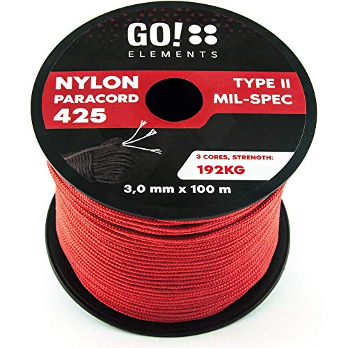 GO!elements 100m Paracord rope made of tearproof nylon - 3mm Paracord 425 type II lines as outdoor rope, all-purpose rope, survival rope, bracelet, dog leash - nylon line max. 192kg, Color:Red
