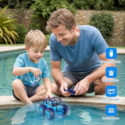 ifollower RC Car 4x4 Amphibious Truck, 360° Stunt and LED, 15km/h, Direct USB-C Charging, Toy for Kids 3 4 5 6 7 8 9 10 11 12 Years, Christmas Birthday Gift