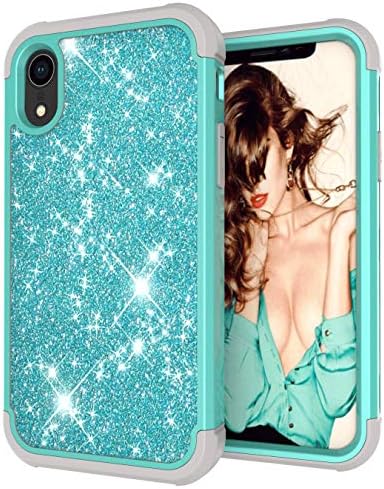 Case for iPhone XR, Ankoe 3D Luxury Glitter Sparkle Bling Shiny Hybrid Sturdy Armor Defender High Impact Shockproof Protective Cover Case for Apple iPhone XR 2018 (Mint+Gray)