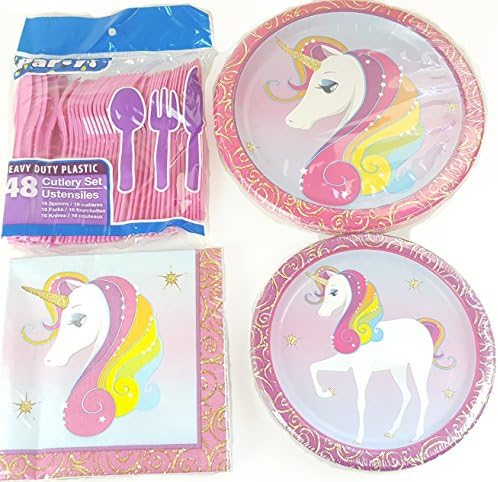 Unicorn Birthday Party Set of Large Plates, Small Plates, Napkins, Cutlery (4 items) 16 Place Settings