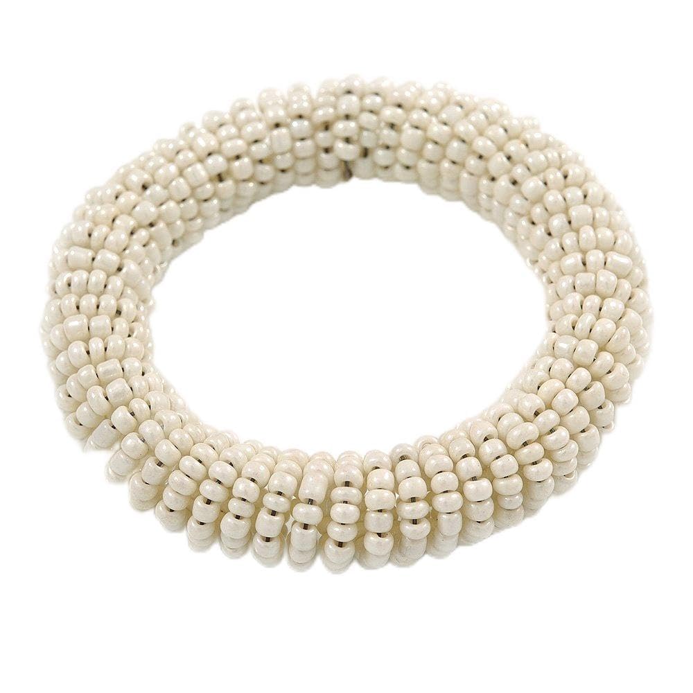 Avalaya White Glass Bead Roll Stretch Bracelet - Adjustable
