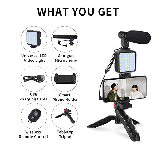 Smartphone Video Microphone Rig Kit with LED Light,Wireless Remote