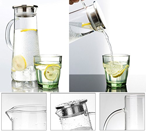 Hiware Glass Pitcher With Lid and Spout - Handmade Water Carafe Great for Hot/Cold Water, Ice Tea and Juice Beverage - 50 Ounce