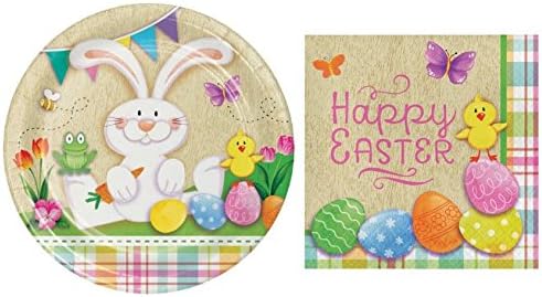 "Happy Easter" Plates and Napkin Set: For 16 People! Includes disposable dinner plates and napkins!